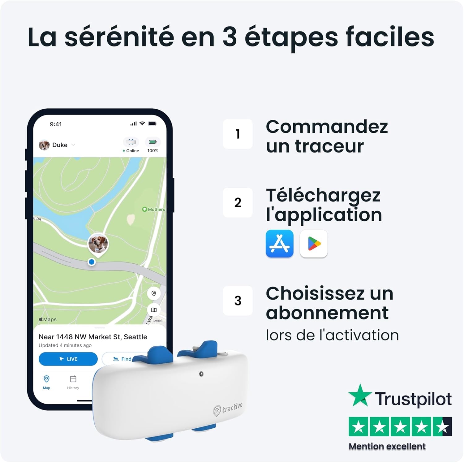 – Collier GPS Pour Chien - Élue Marque De L'Année - Localisation Globale En Direct - Alertes Anti-Fugue - Moniteur D'Activité Avec Alertes De Santé