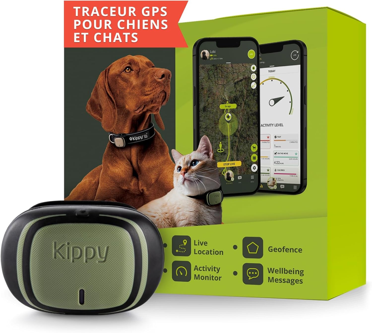 Collier GPS Chat, Chien Evo - GPS Chien, Chat Satellite Étanche - Traceur GPS Chien, Chat De Santé Et D'Activité - Localisateur Avec Alertes Instantanées Et LED - Vert