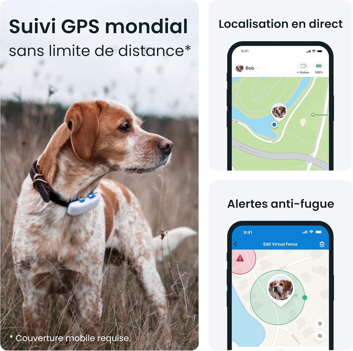 – Collier GPS Pour Chien - Élue Marque De L'Année - Localisation Globale En Direct - Alertes Anti-Fugue - Moniteur D'Activité Avec Alertes De Santé